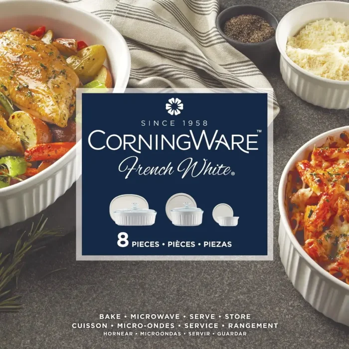 French White 8-Piece Ceramic Stoneware Casserole Set – Round & Oval with Glass & Plastic Lids - Image 5
