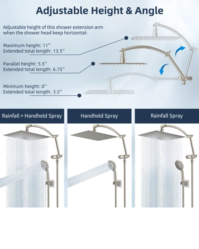 10" High Pressure Rainfall Shower Head with Handheld Combo & Adjustable Arm - Image 5