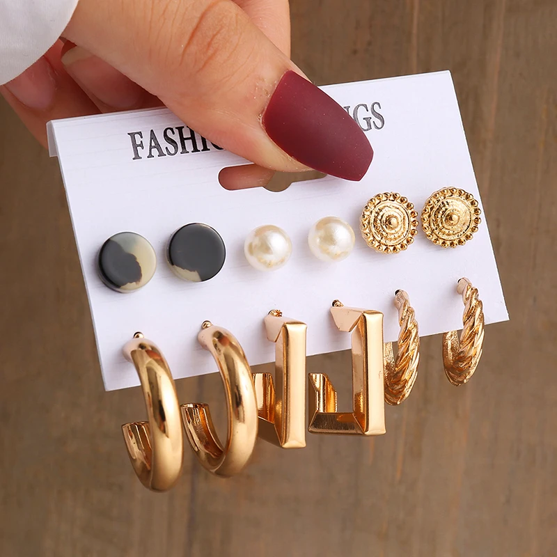 Vintage Gold Pearl Geometric Earrings Set – Heart, Square & Round Dangle Styles - Image 18