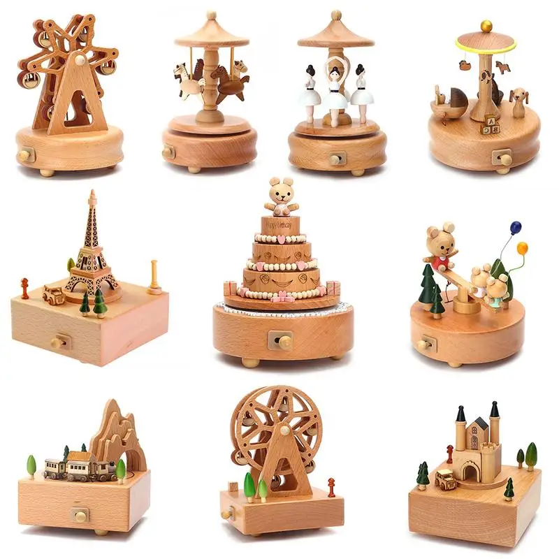Wind Up Musical Box Retro Wooden Music Box New Year Xmas Birthday Gift Vintage Carousel Ferris Wheel Home Decoration Accessories