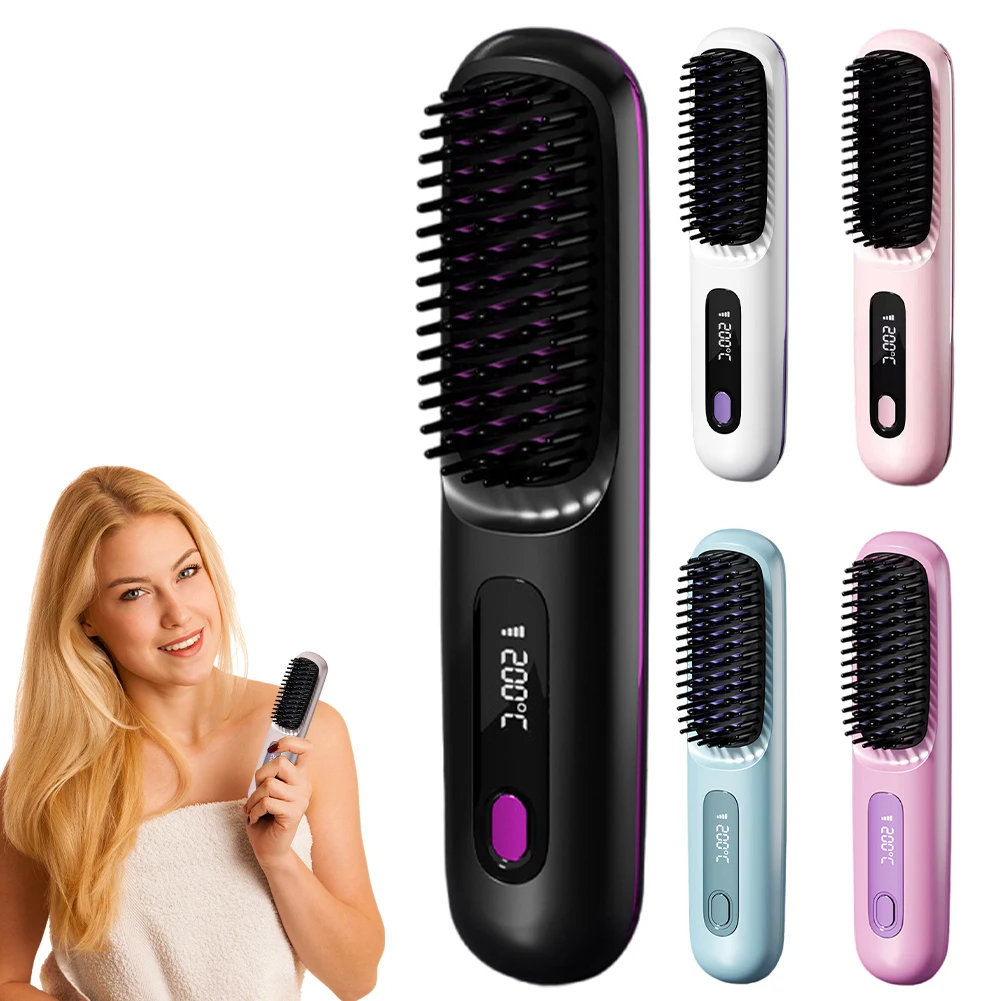 Cordless Ceramic Heated Hot Brush – 3 Temp Settings 160–200°C, Rechargeable for Frizz-Free Hair 