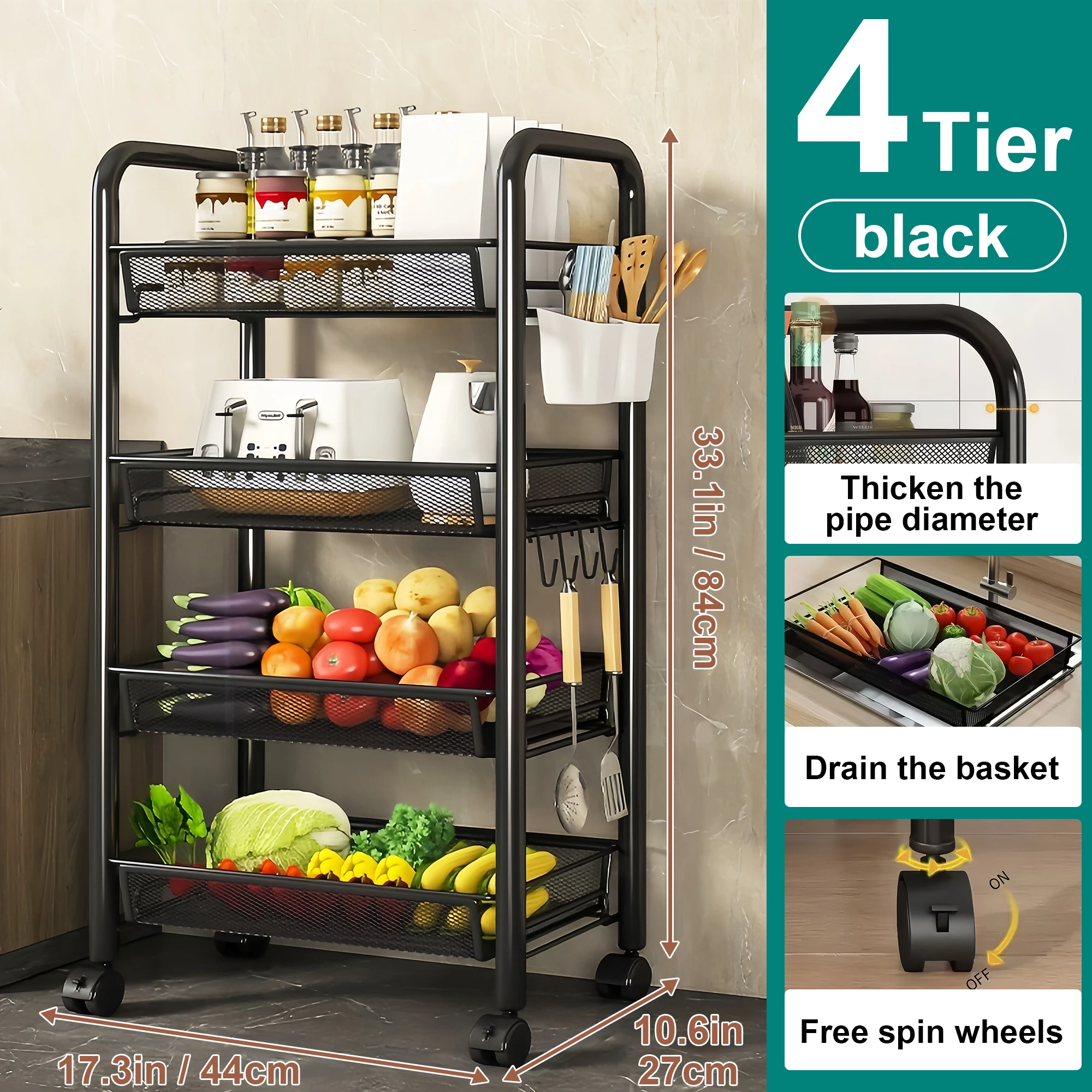 Foldable Metal Kitchen Trolley with Wheels – 3-Tier Organizer Cart for Kitchen, Bathroom, or Office - Image 2