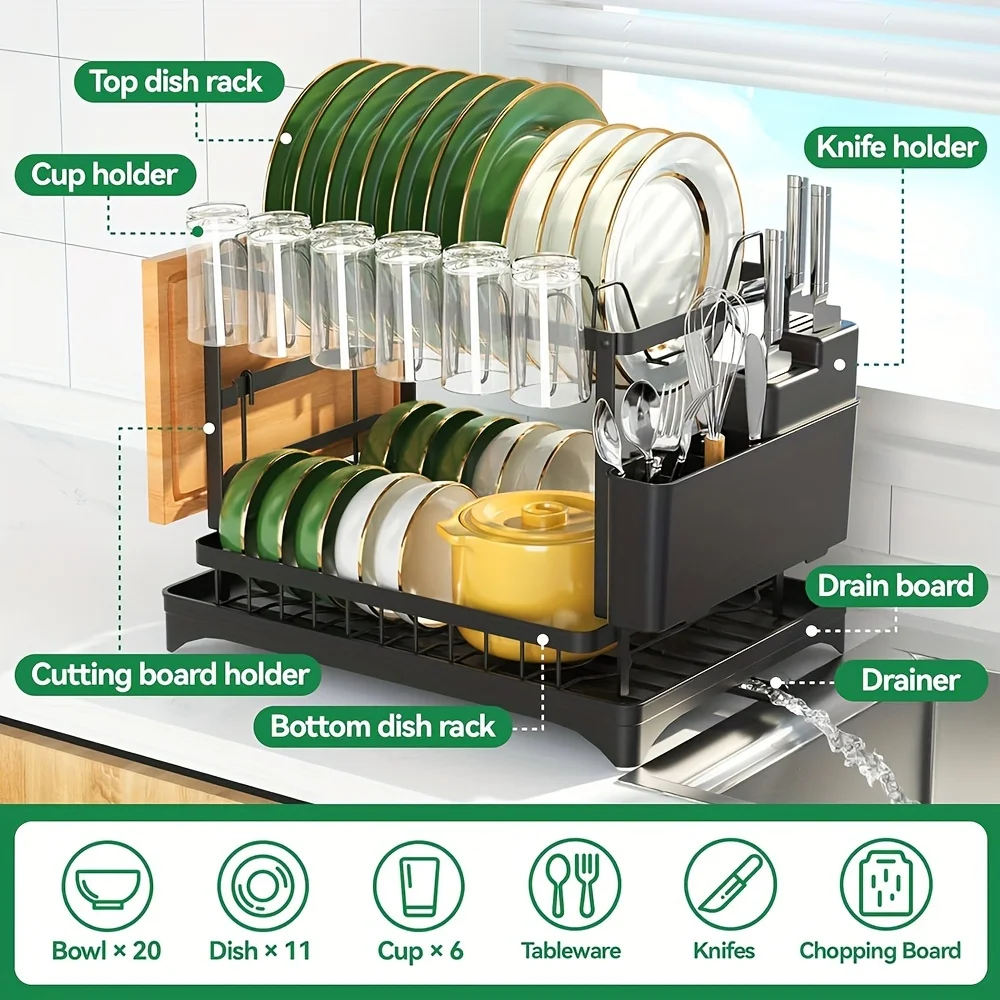 2-Tier Multifunctional Dish Drying Rack with Drainboard & Utensil Holder – Space-Saving Kitchen Organizer - Image 2