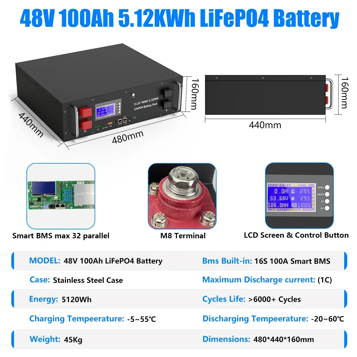 LiFePO4 48V 300AH 15KWH Battery 51.2V 100AH 200AH Lithium Solar Battery 6000+ Cycles With 16S 200A BMS For Inverter EU Stock - Image 11