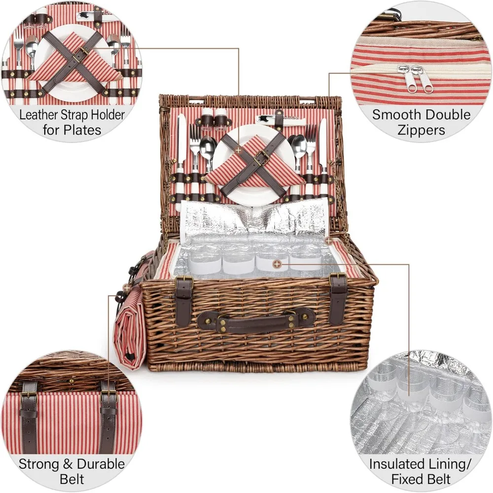 Picnic Basket Set for 4 - Wicker with Cooler & Waterproof Blanket, Classic Design - Image 3