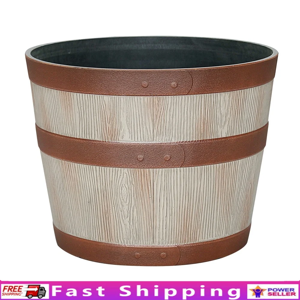 Resin Whiskey Barrel Planter – Lightweight, Frost-Resistant with Drainage Holes