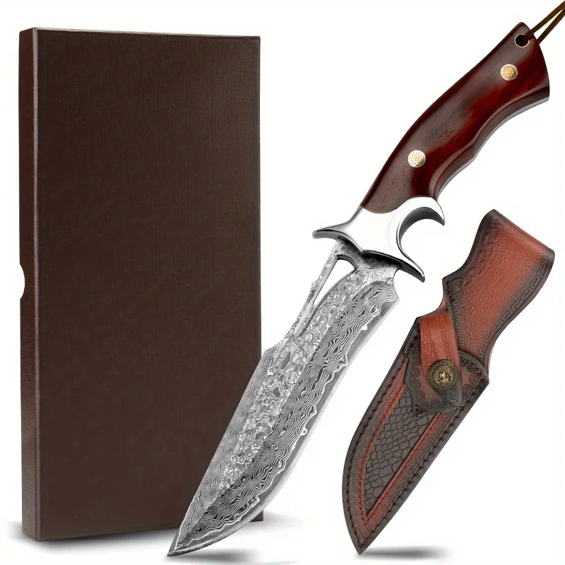 Handmade Large Damascus Fixed Blade Knife – Forged with Wooden Handle & Leather Sheath