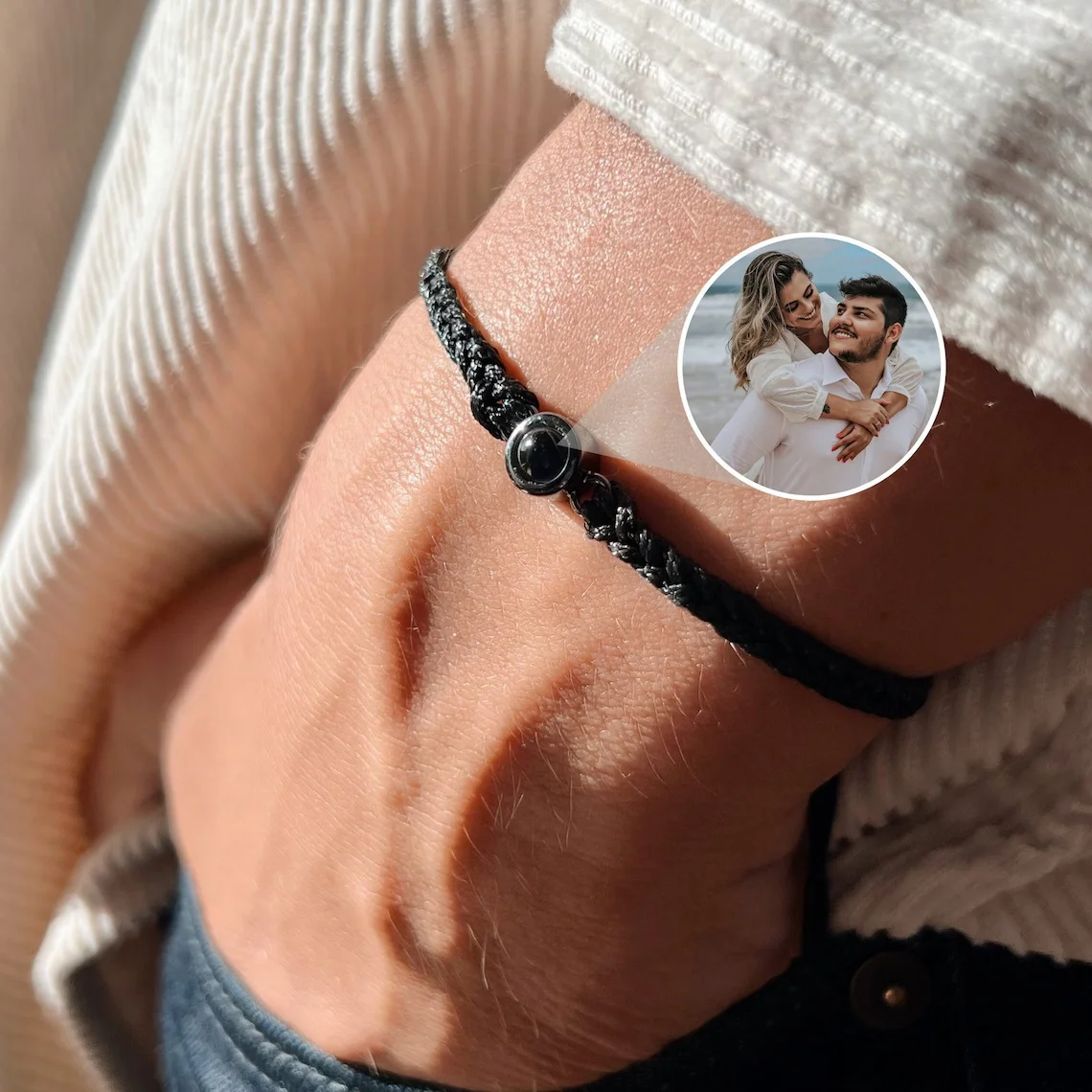 Personalized Photo Projection Bracelet – Adjustable Braided Rope Memorial Jewelry