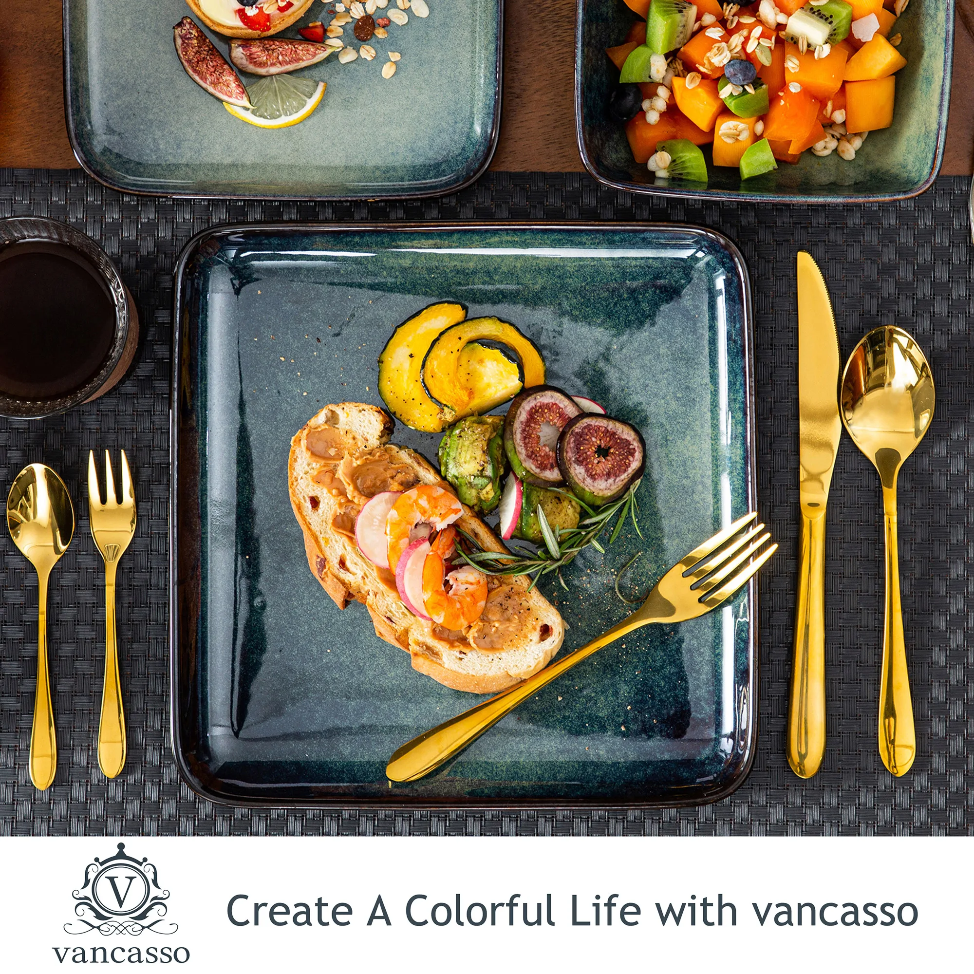 Vancasso Stern 16-Piece Green Square Dinner Set - Kiln-Change Glaze Ceramic Tableware for 4 - Image 4