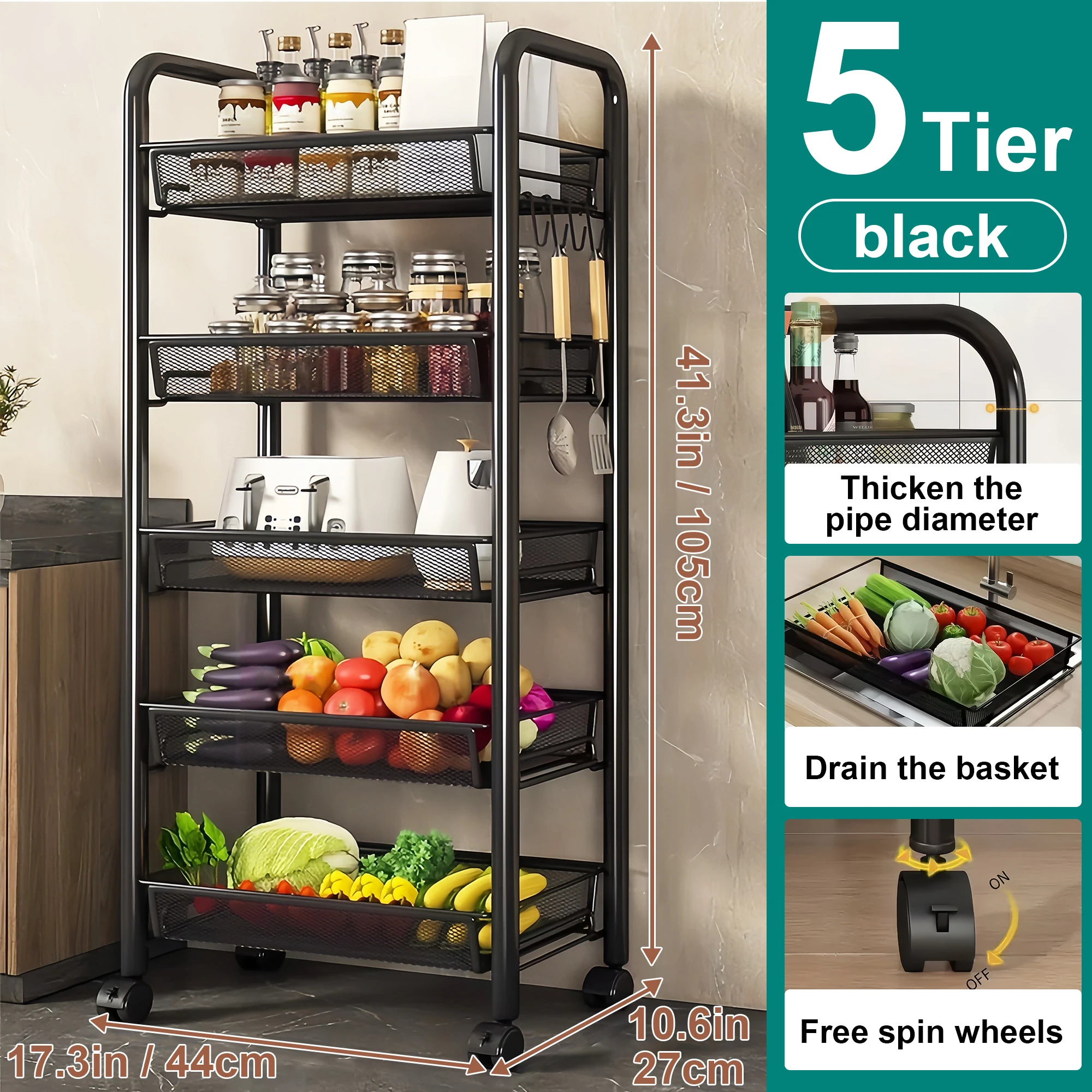 Foldable Metal Kitchen Trolley with Wheels – 3-Tier Organizer Cart for Kitchen, Bathroom, or Office