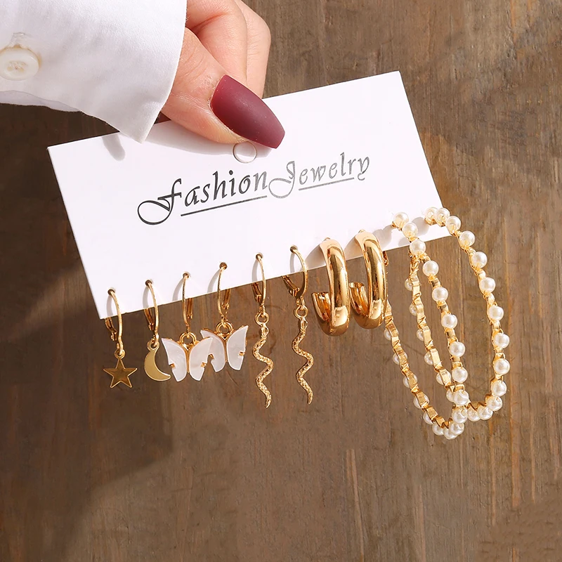 Vintage Gold Pearl Geometric Earrings Set – Heart, Square & Round Dangle Styles - Image 22