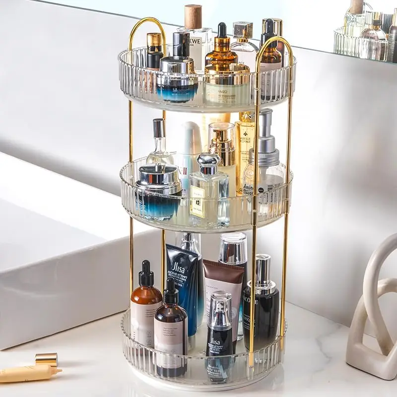 Rotating 3‑Tier Makeup Organizer – Clear Vanity Skincare & Perfume Storage