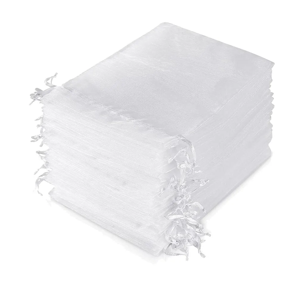 50pcs White Sheer Organza Drawstring Bags – Jewelry Gift & Party Favor Storage