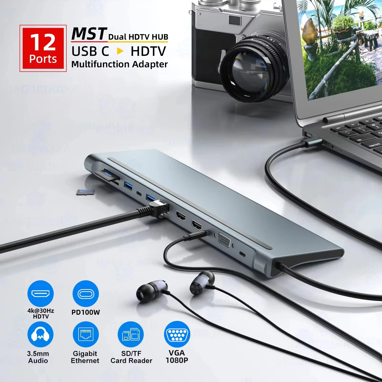 12-in-1 USB-C Docking Station Dual 4K, PD 100W, Ethernet for MacBook, Dell XPS