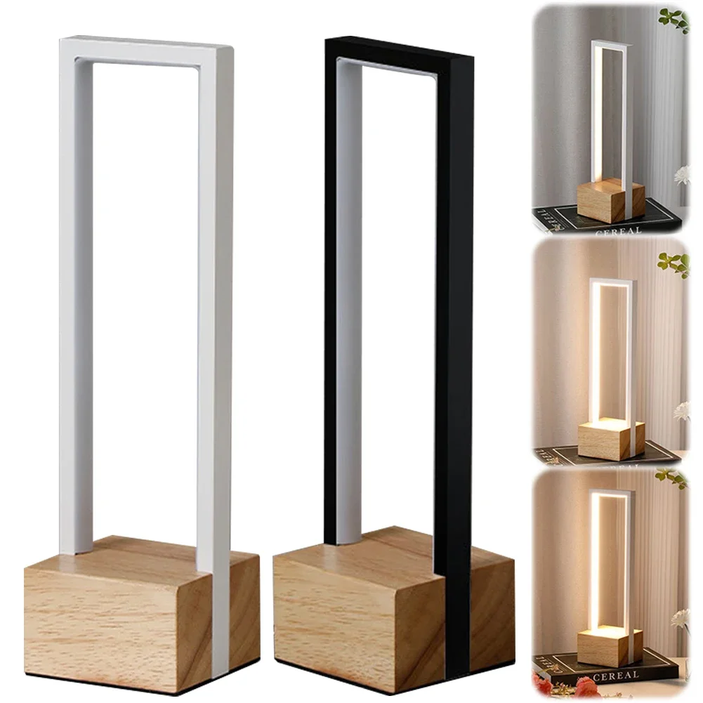 Modern LED Table Lamp – USB Square Bedside Light, 3 Color Temps, Stepless Dimming, Wooden Base