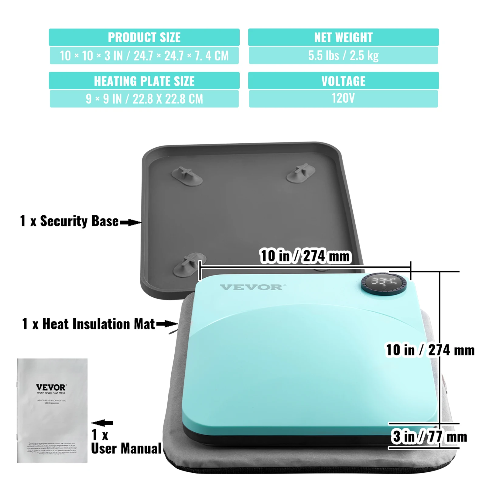 VEVOR 9x9/12x10 in Portable Heat Press Machine DIY Shirt Printing Multifunctional Sublimation Transfer for HTV Vinyl T-shirt Bag - Image 11