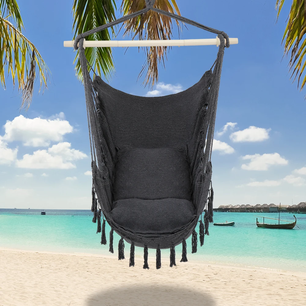 Gray Tassel Hanging Chair with Comfortable Pillow – Indoor Outdoor Swing