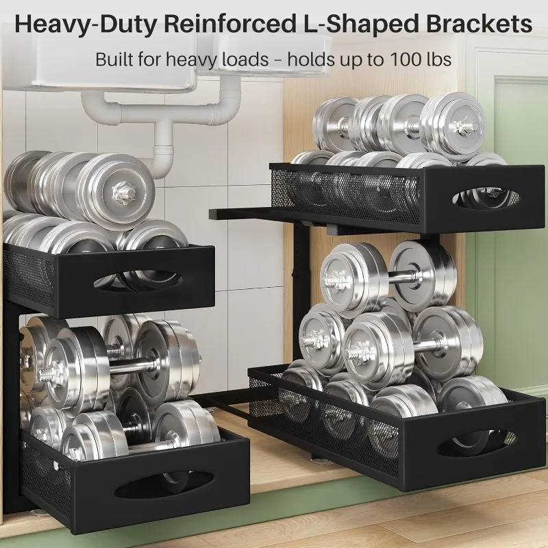 2-Pack Under Sink 2-Tier Pull-Out Organizer with Mesh Sliding Drawers – Cabinet Storage Shelves - Image 5