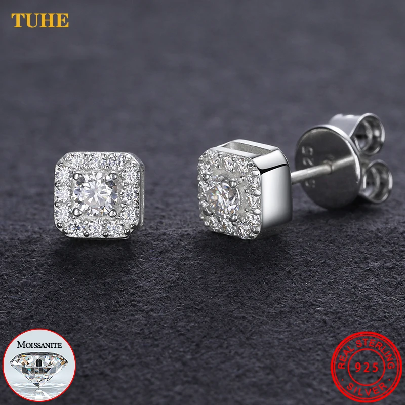 D VVS1 Moissanite Square Stud Earrings – 925 Sterling Silver