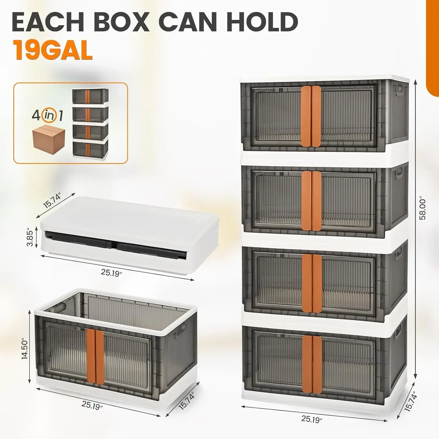 TRZZ 19-Gal Stackable Closet Organizer with Wheels – 4-Piece Foldable Plastic Storage Boxes - Image 2