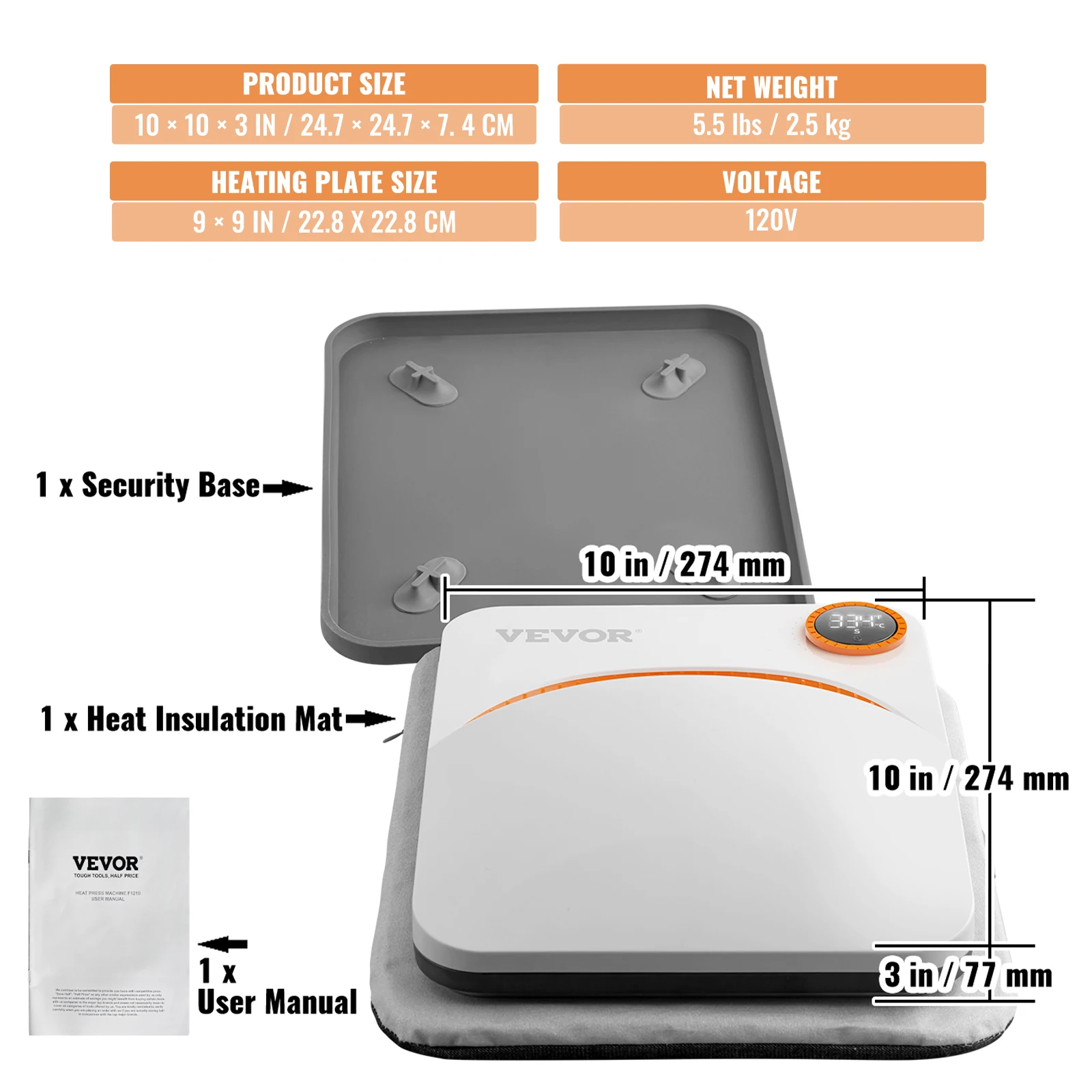 VEVOR 9x9/12x10 in Portable Heat Press Machine DIY Shirt Printing Multifunctional Sublimation Transfer for HTV Vinyl T-shirt Bag - Image 9