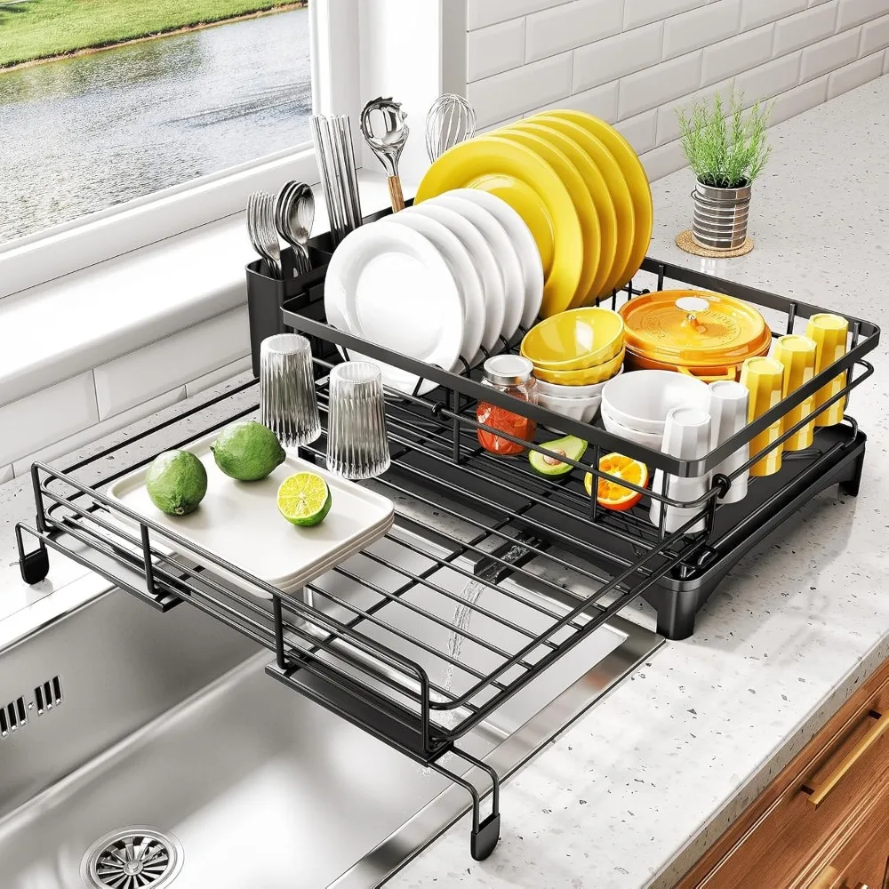 Extendable Dish Drying Rack – Stainless Steel, Removable Cutlery Holder, Anti-Rust