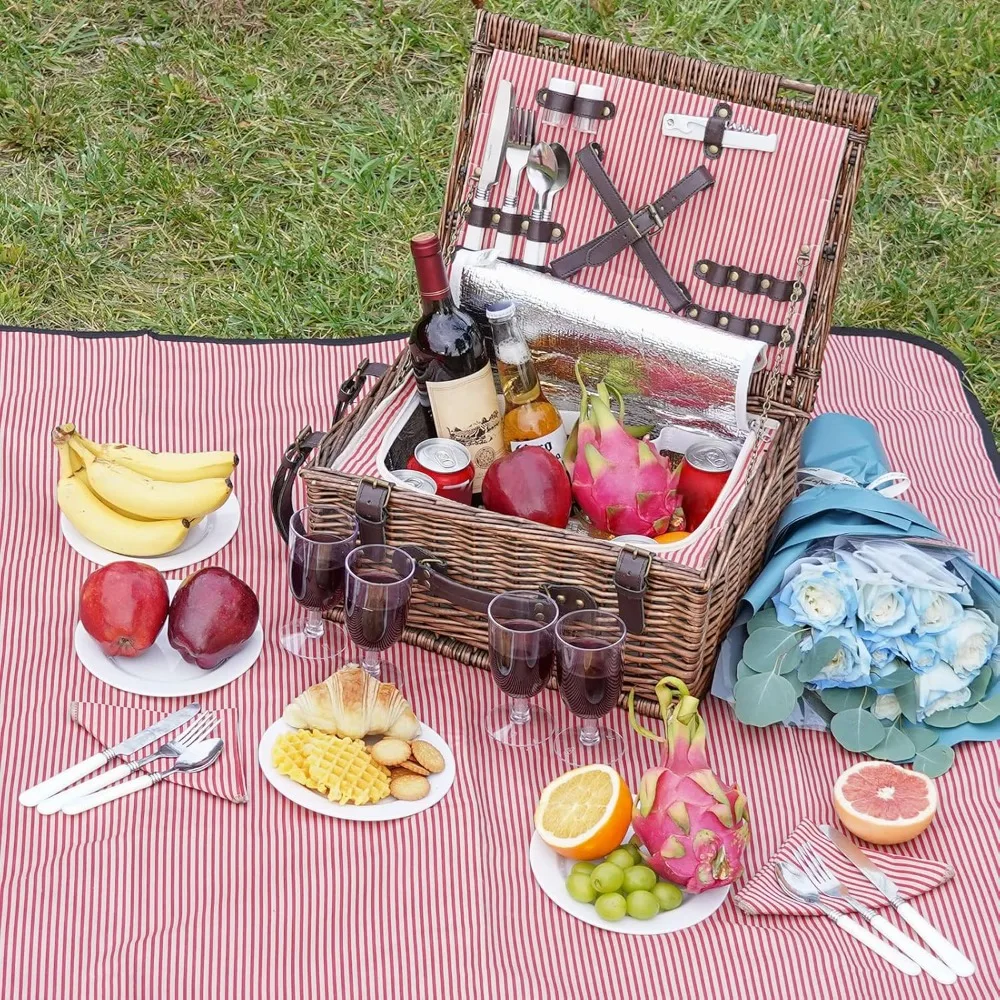 Picnic Basket Set for 4 - Wicker with Cooler & Waterproof Blanket, Classic Design - Image 5