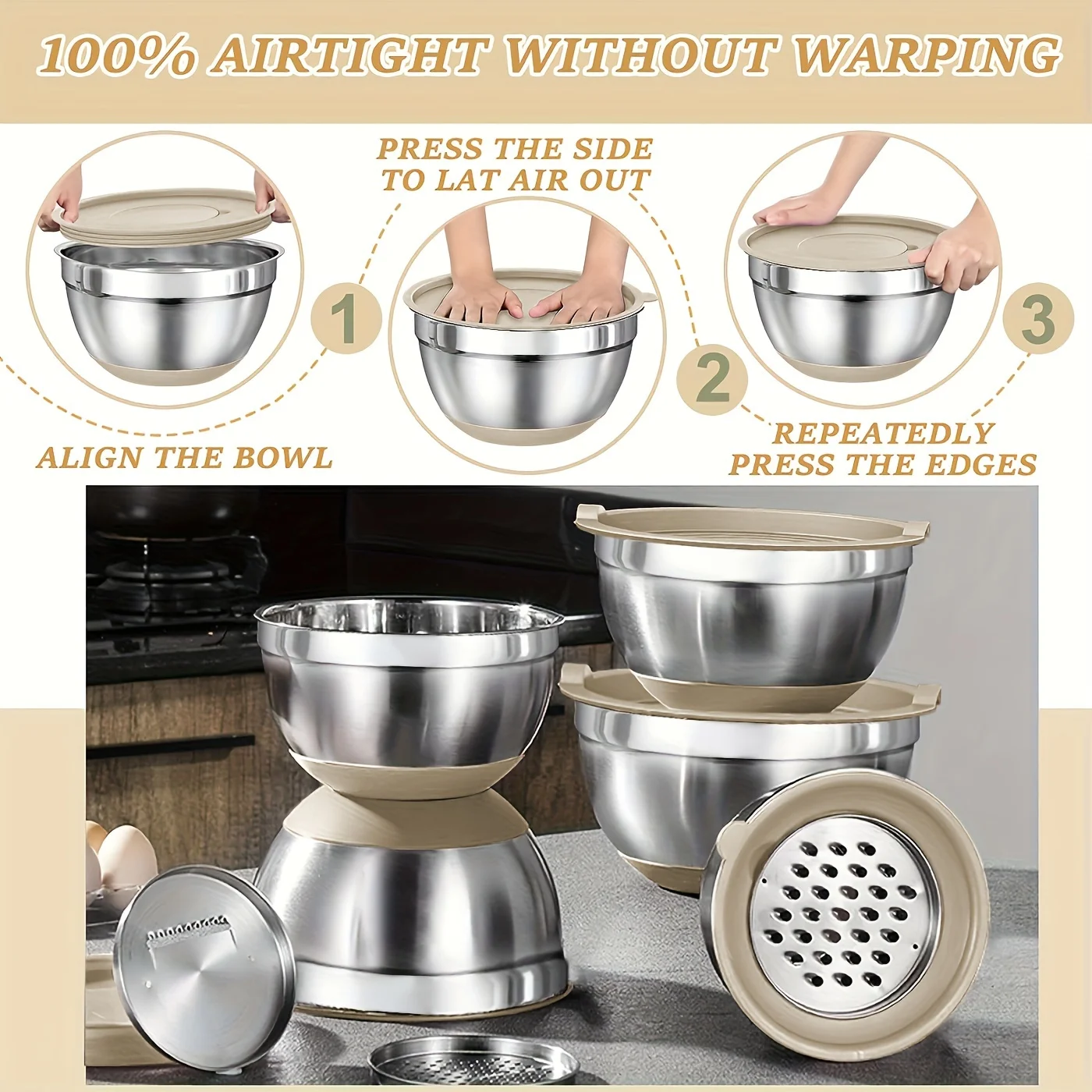 Mixing Bowls Set with Airtight Lids & Grater Attachments – Non-Slip Kitchen Gadgets