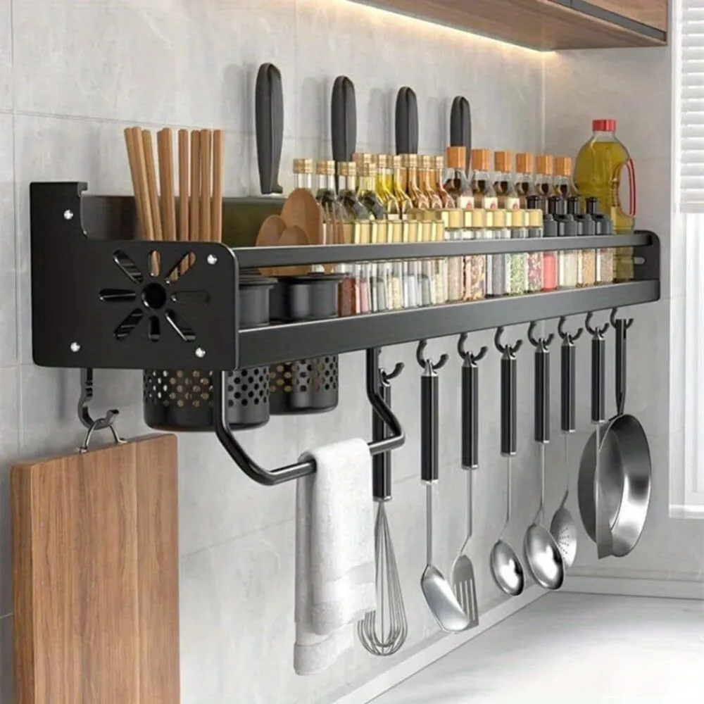 Wall-Mounted Kitchen Organizer Shelf – Spice Rack, Knife Holder & Utensil Storage for Seasoning, Chopsticks, Spoons