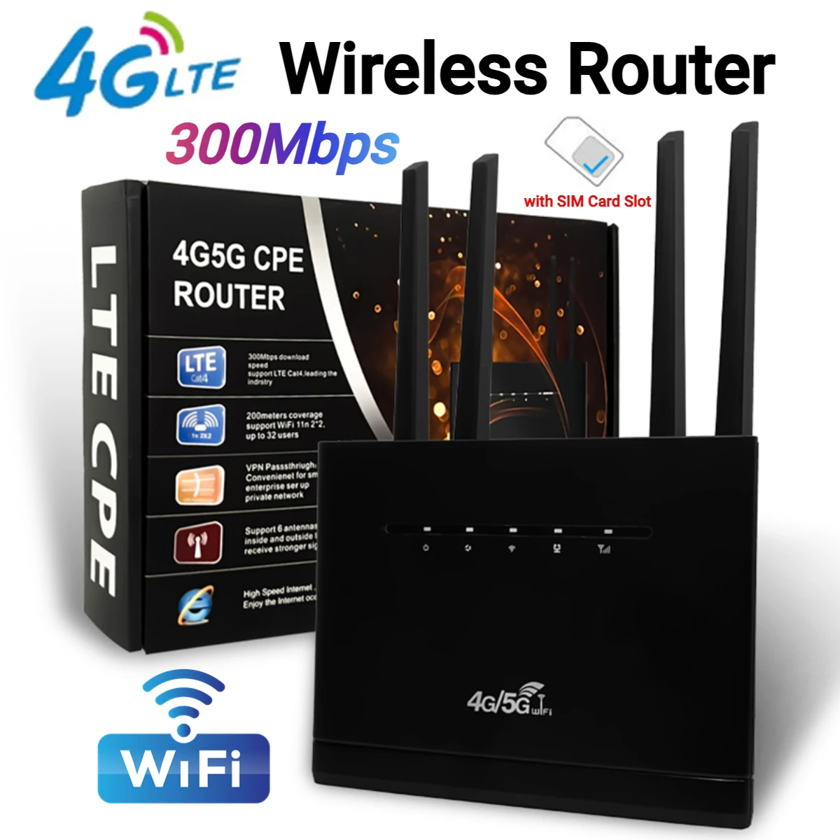 4G LTE Wireless Router 300Mbps, Modem with 4 Antennas, SIM Slot for Home