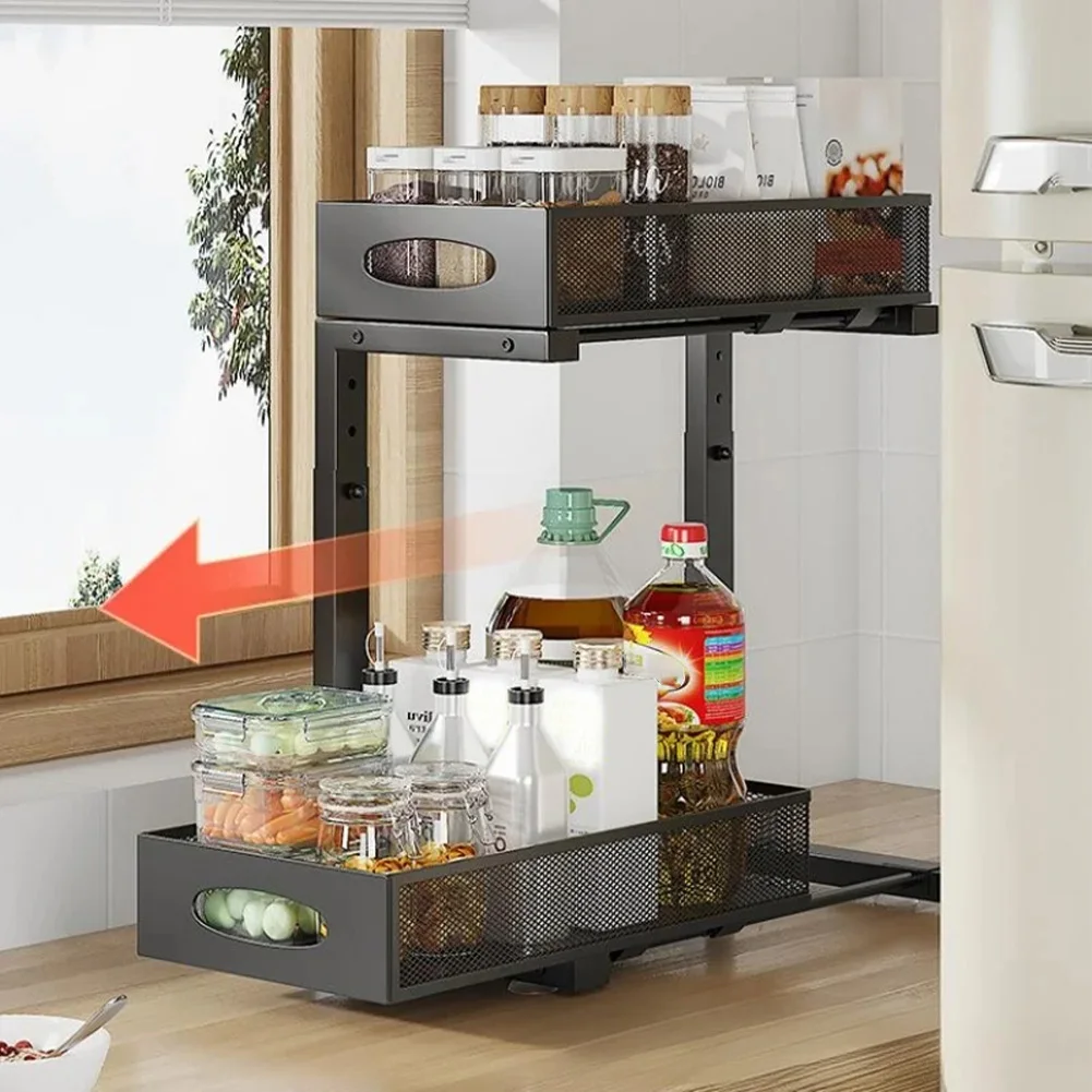 2-Tier Adjustable Under Sink Organizer with Sliding Drawer – Kitchen & Bathroom Storage Solution - Image 2