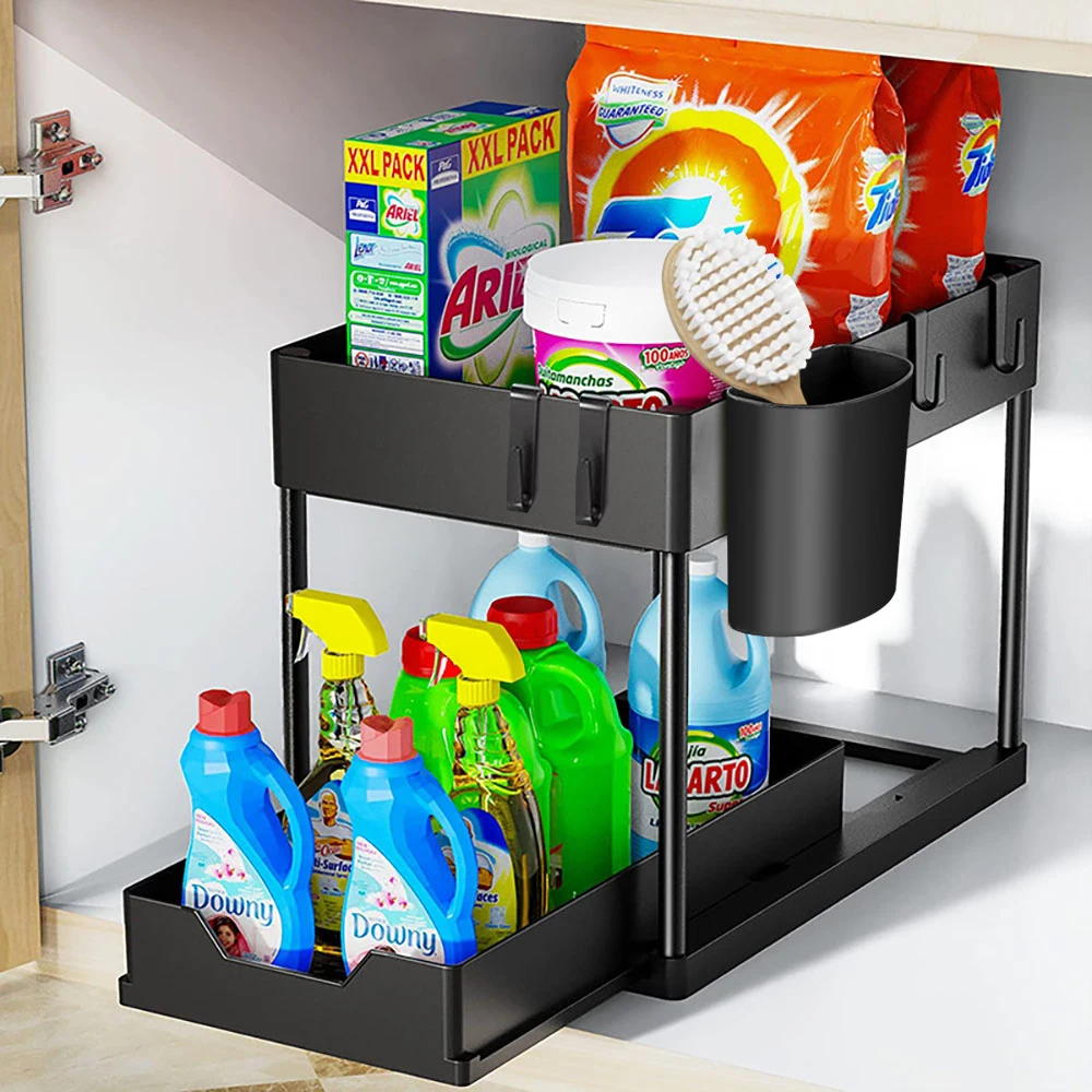 2-Tier Under Sink Sliding Organizer with Hooks – Cabinet Basket Storage Rack for Kitchen & Bathroom