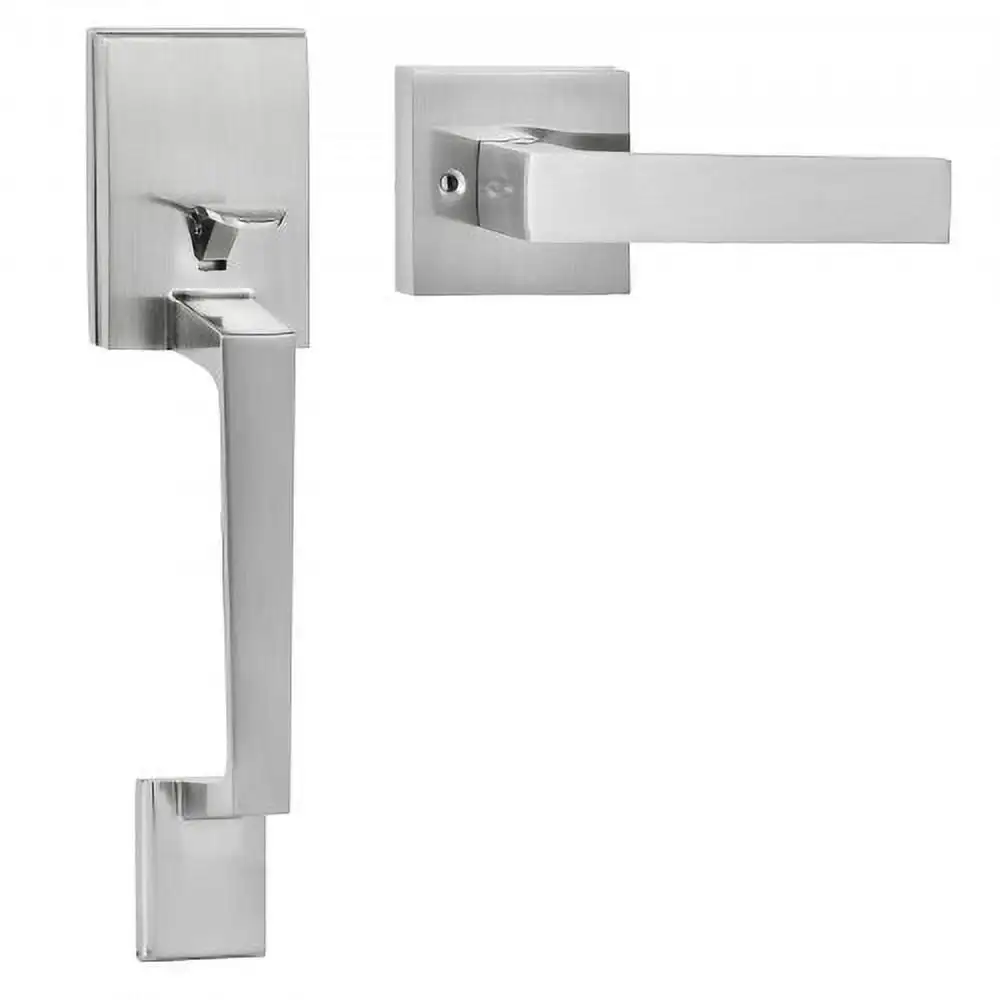 Satin Nickel Square Front Door Handle Set with Lever, Adjustable Hole Space