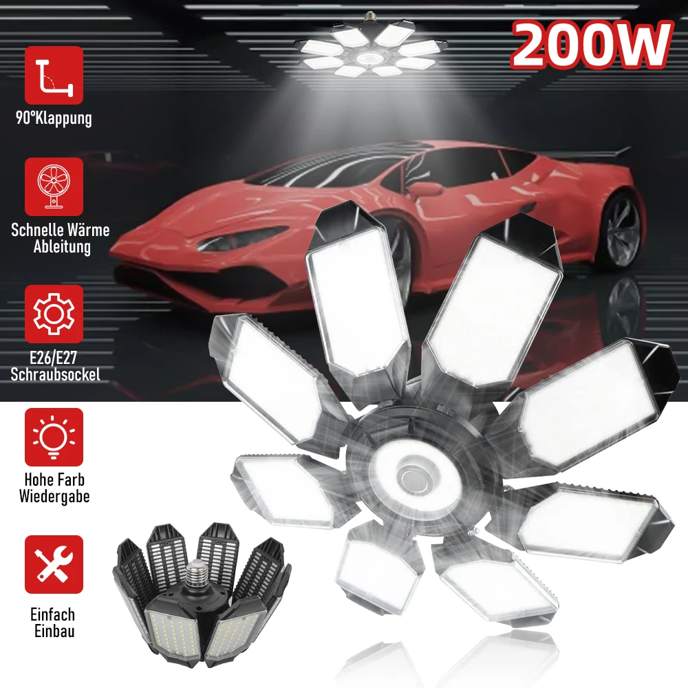 200W LED Garage Light – 10-Panel Foldable Ceiling Lamp for Workshop & Garage