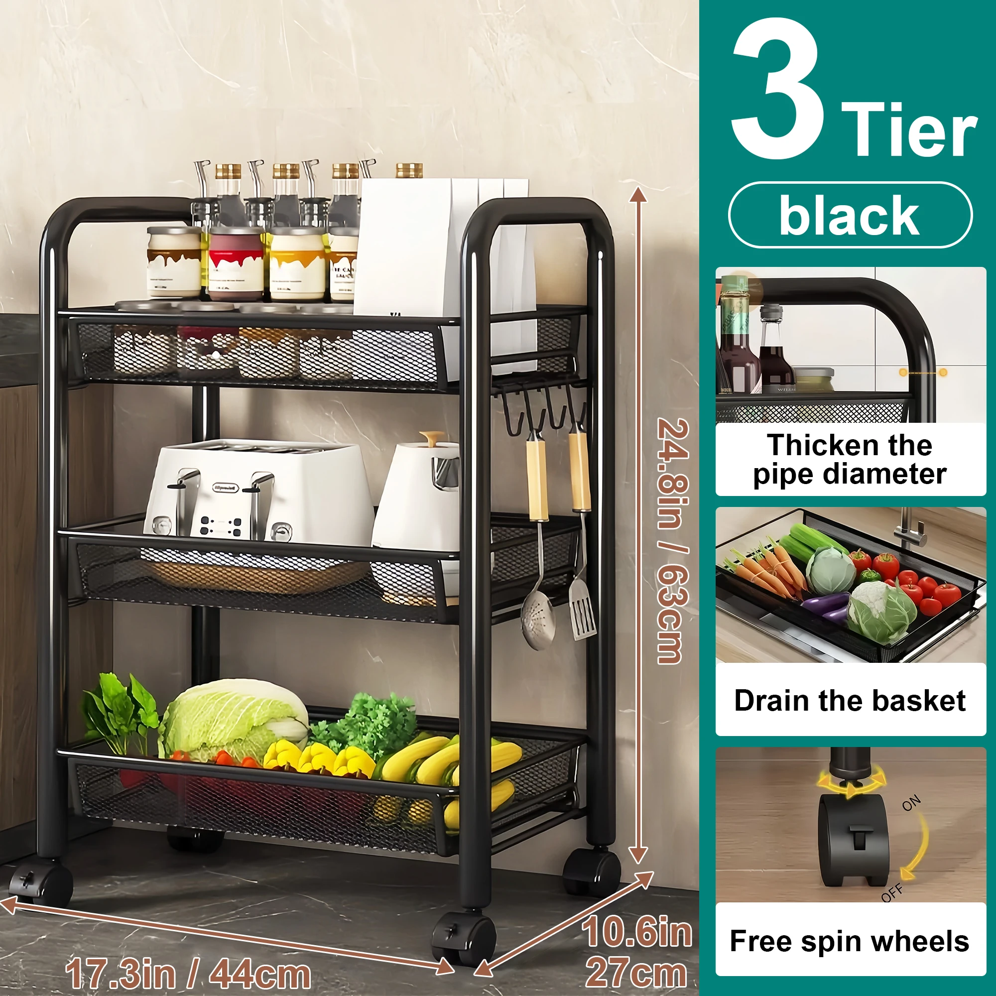 Foldable Metal Kitchen Trolley with Wheels – 3-Tier Organizer Cart for Kitchen, Bathroom, or Office - Image 3