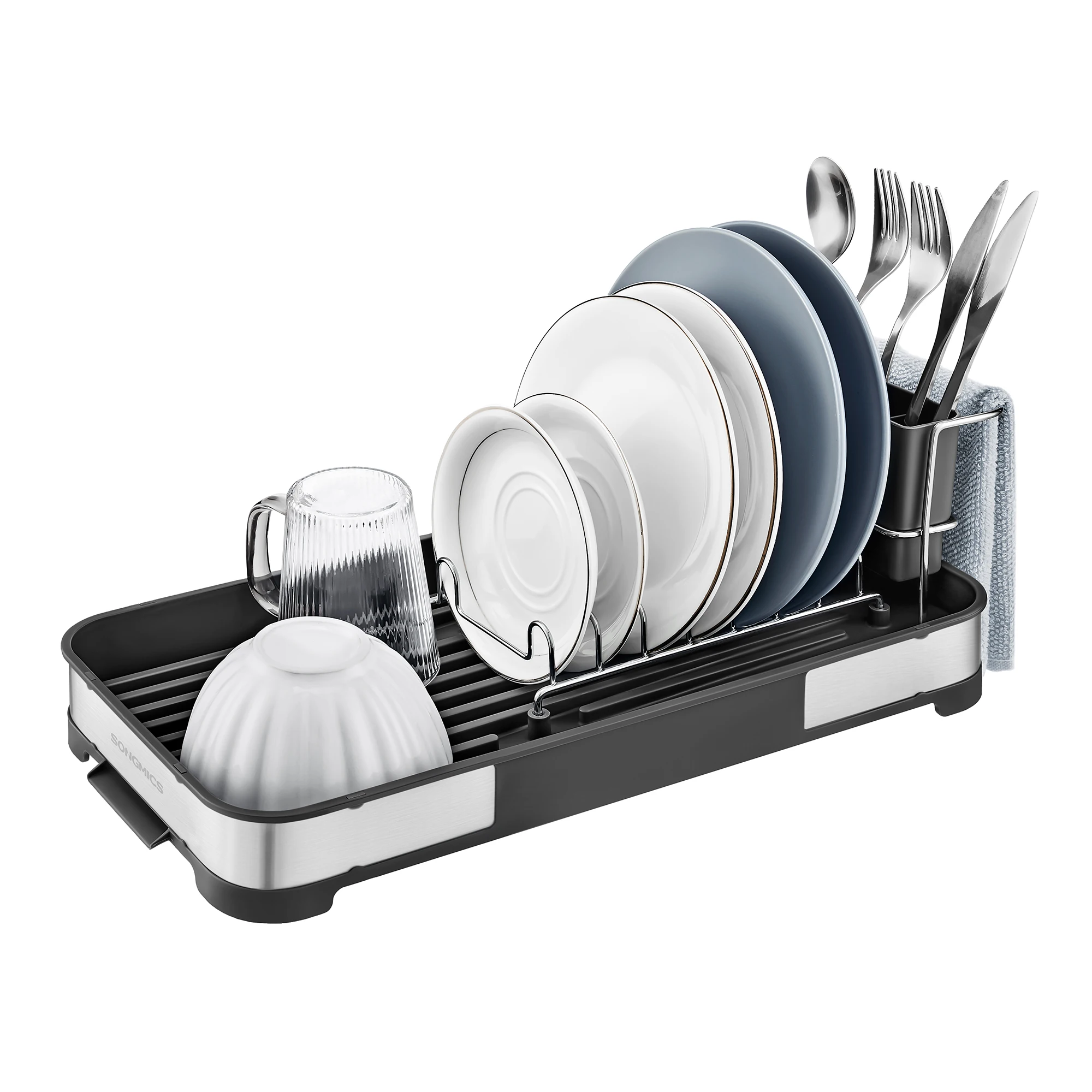 SONGMICS Compact Stainless Steel Dish Rack – Rustproof, Drain Spout, Utensil Holder