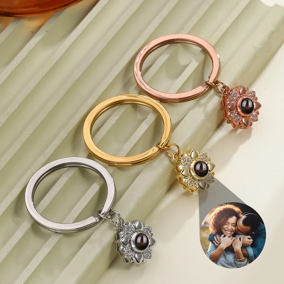 Custom Photo Projection Keychain – Personalized Flower Gift for Her
