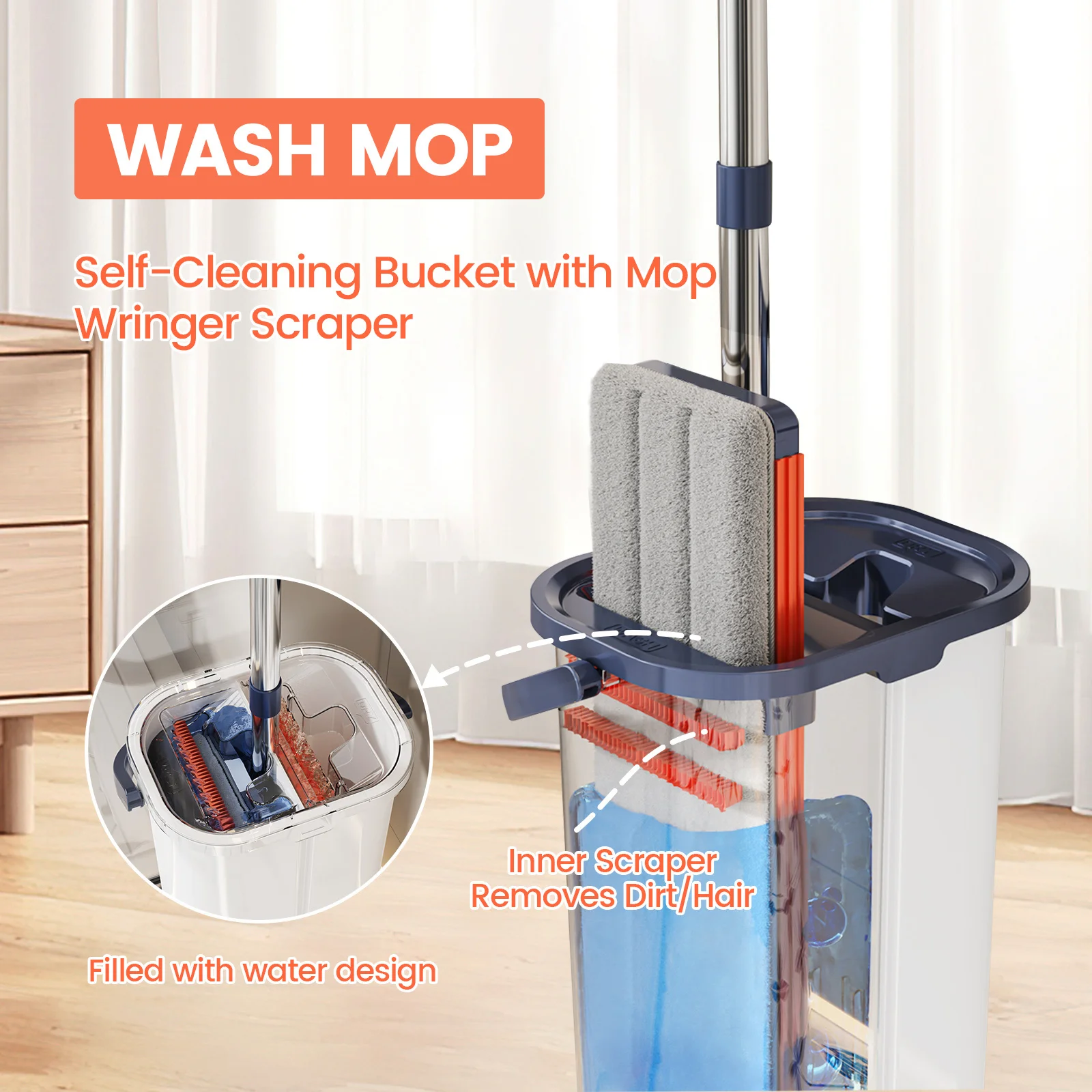 Floor Washing Mop with Separate Clean & Dirty Water Buckets, Hands-Free Lazy Cleaning Mop - Image 3