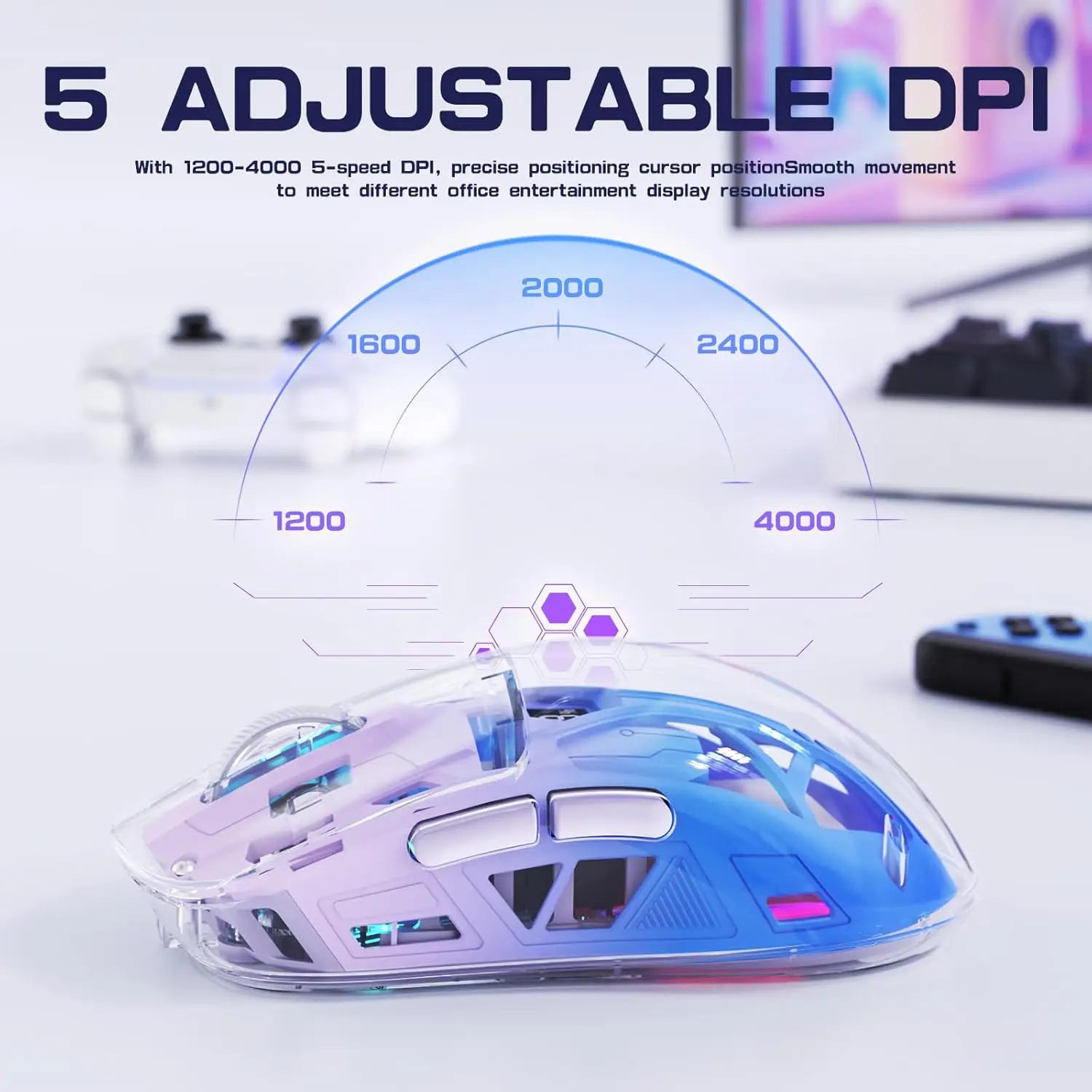 A2 Transparent Wireless Gaming Mouse, BT 5.0, RGB, 5 DPI, PixArt 3212 - Image 6