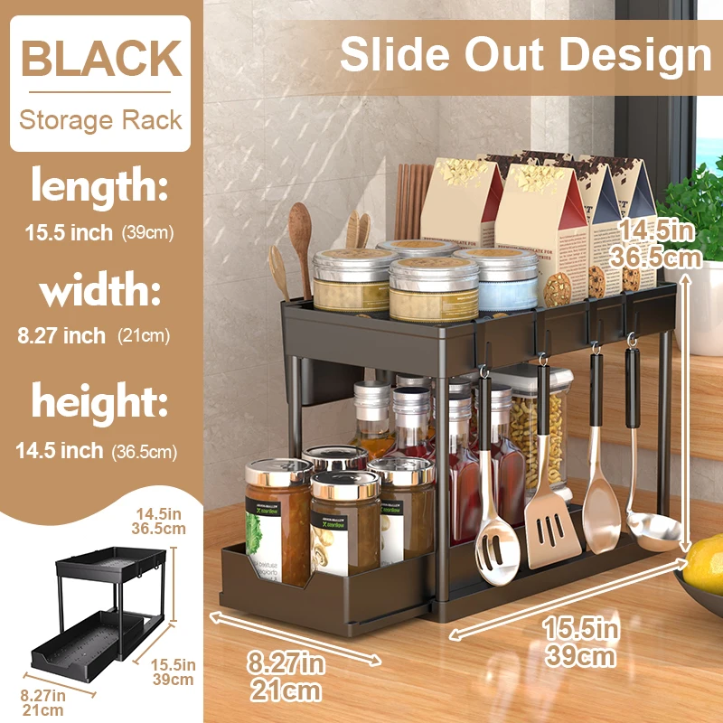 2-Tier Under Sink Sliding Organizer with Hooks – Cabinet Basket Storage Rack for Kitchen & Bathroom