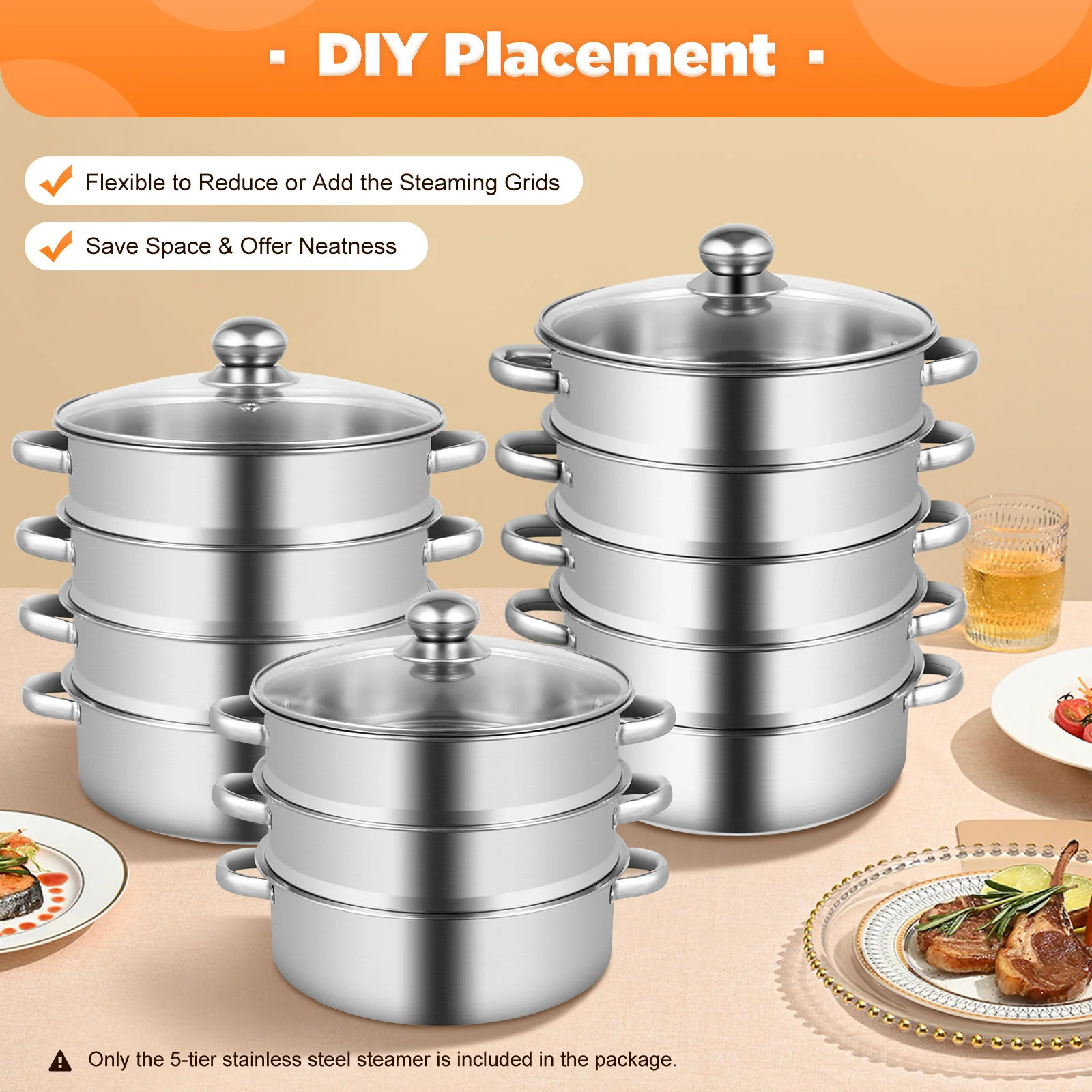 26cm 5-Tier Stainless Steel Steamer – Stackable with Glass Lid, Healthy Cooking
