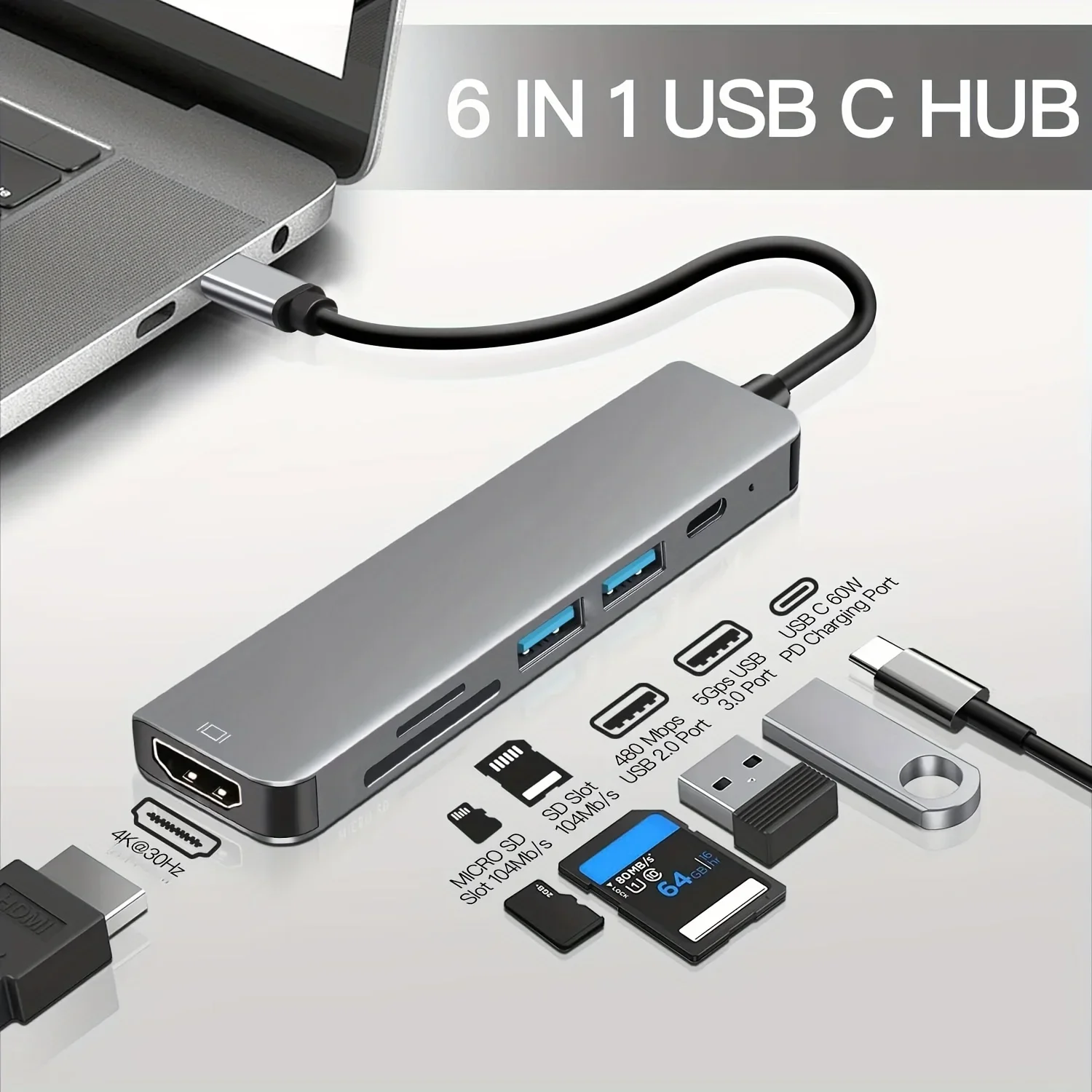 6-in-1 USB-C Hub Adapter, 4K HDMI, 100W PD, SD/TF Card Reader for Laptop