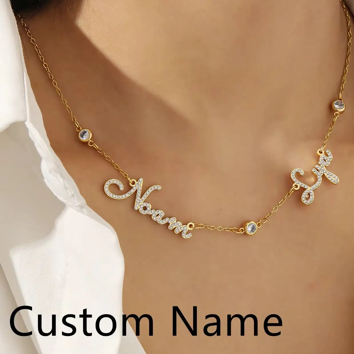 Custom Diamond Name Necklace White Stone Personalized Stainless Steel Family Jewelry Gift for Mom