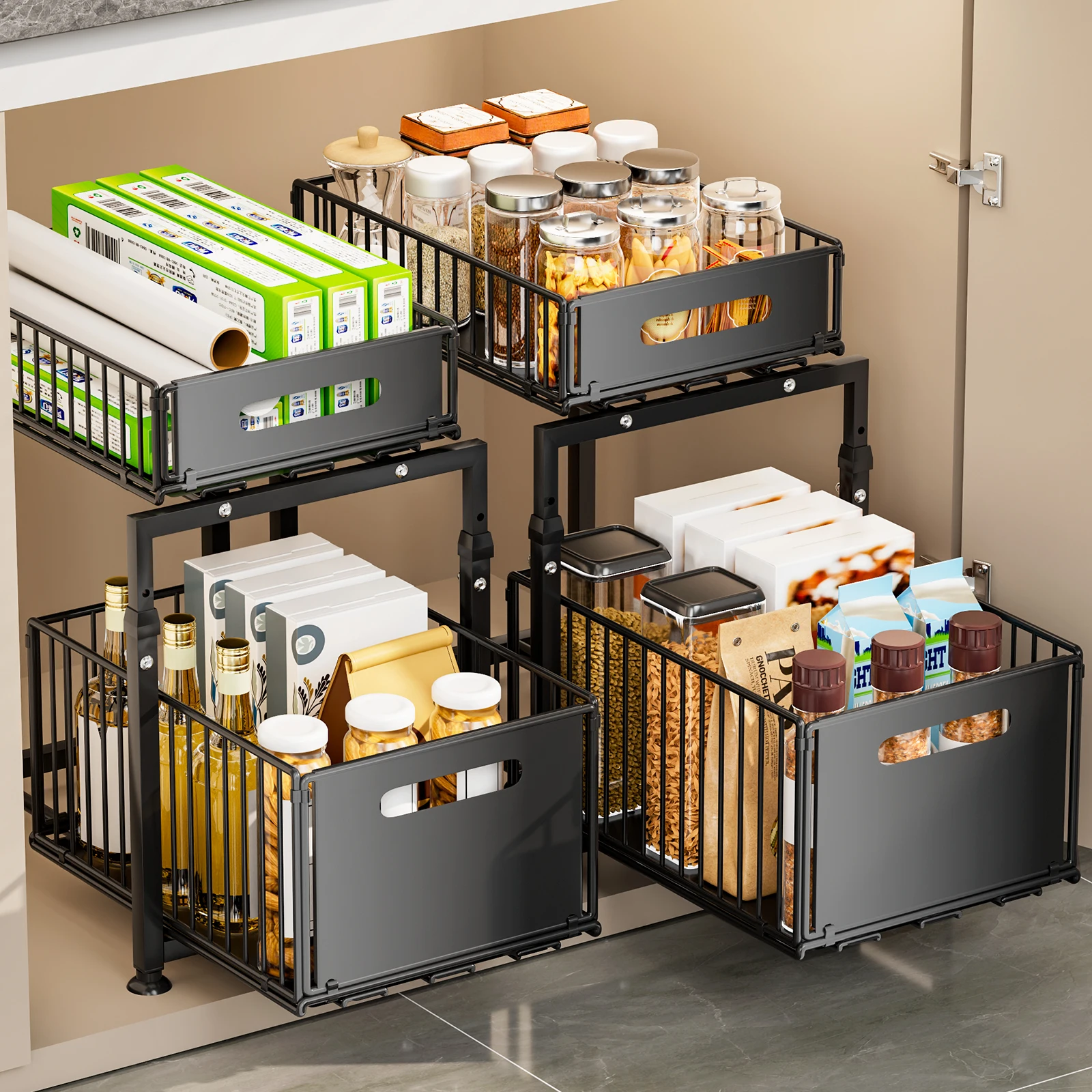 Under Sink Pull-Out Cabinet Organizer – Iron Kitchen Sink Storage Shelf & Countertop Organizer
