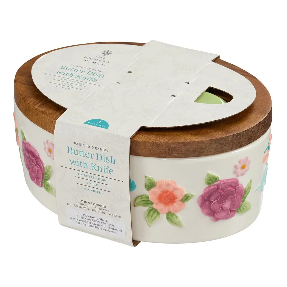 Painted Meadow Butter Dish Set - Acacia Wood Lid, Floral Embossed Stoneware with Knife - Image 6