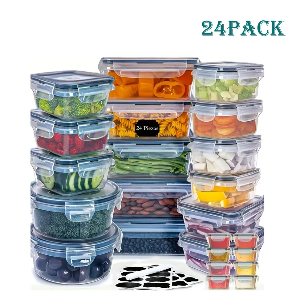 24pcs Kitchen Storage Container Set, Dishwasher Safe, Reusable Plastic Bins with Flip Lids for Fruits & Veggies