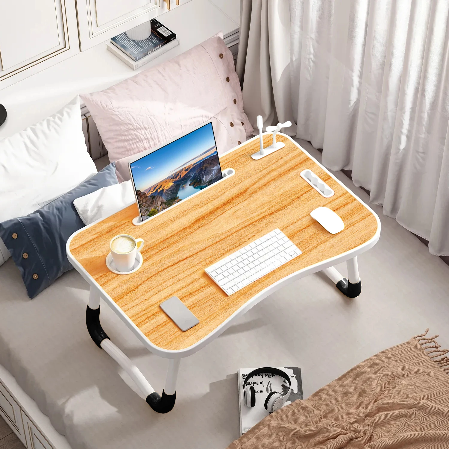 NEW 40x60cm portable folding table laptop table for office and home use with USB light, small fan, cup holder, tablet slot