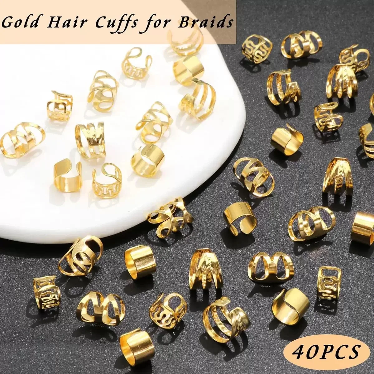 40PCS Multi-Style Hair Cuffs & Beads for Braids – Adjustable Dreadlock Rings Accessories