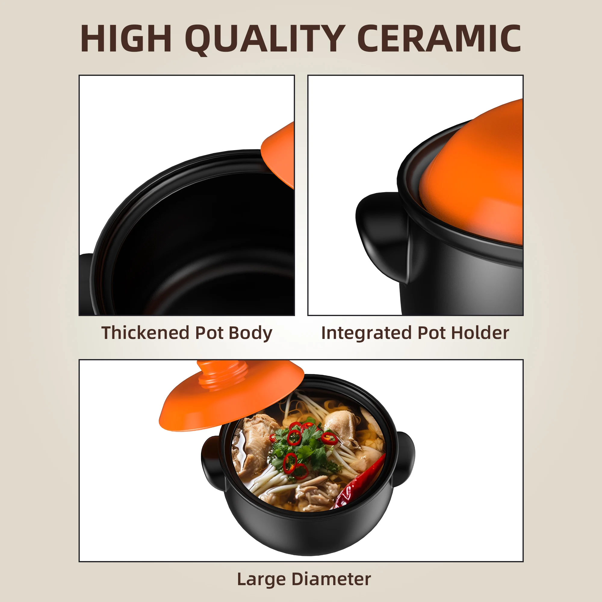 129oz Ceramic Clay Pot with Orange Lid – Heat-Resistant, Thermal Shock Proof, Oven Safe - Image 4