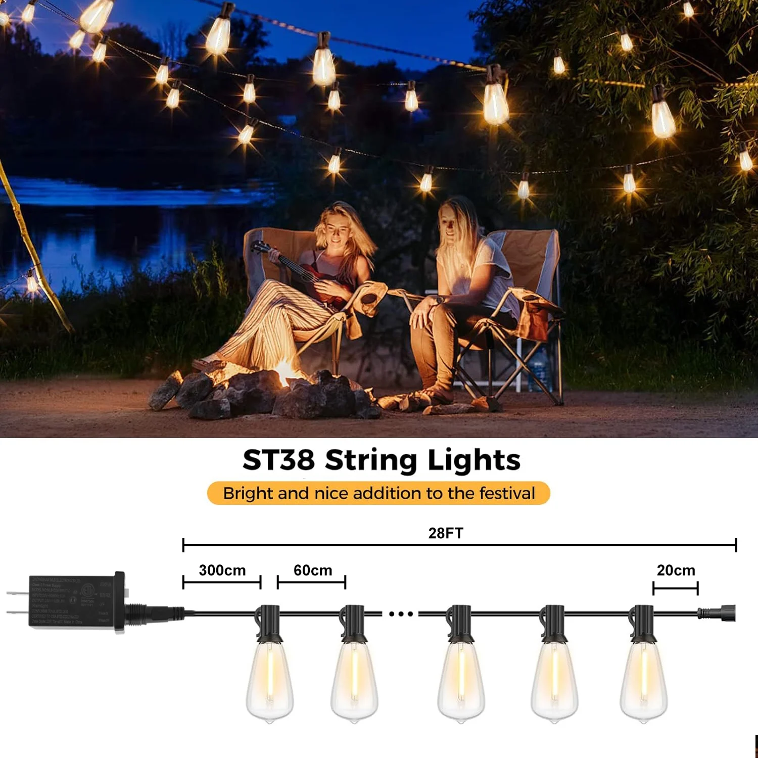 1/2/3pcs 28FT ST38 String Lights Outdoor, US Plug 10+1 LED Patio Lights Fairy Garden Lamp For Home Xmas New Year Party Halloween - Image 2